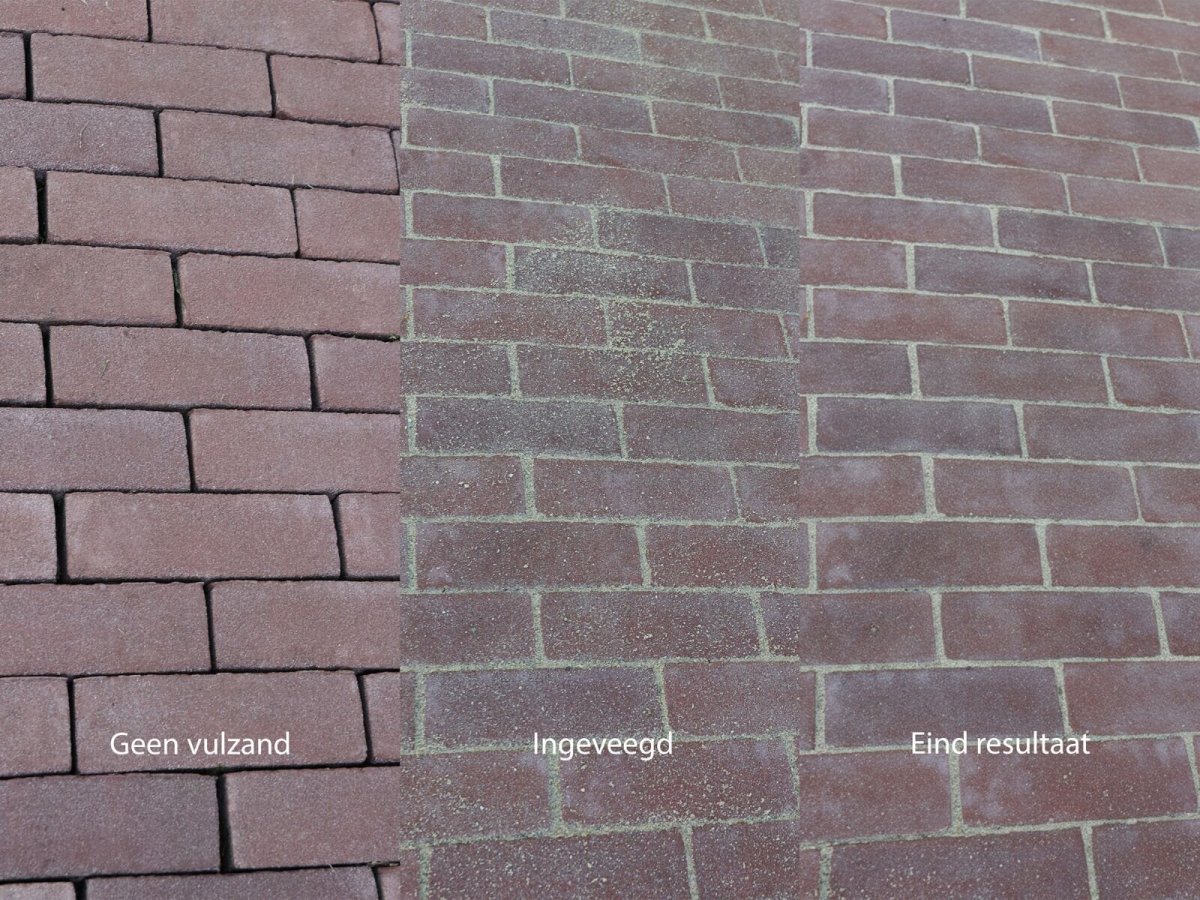 Detailfoto van bestrating in drie stroken: zonder vulzand, net ingeveegd, en het eindresultaat